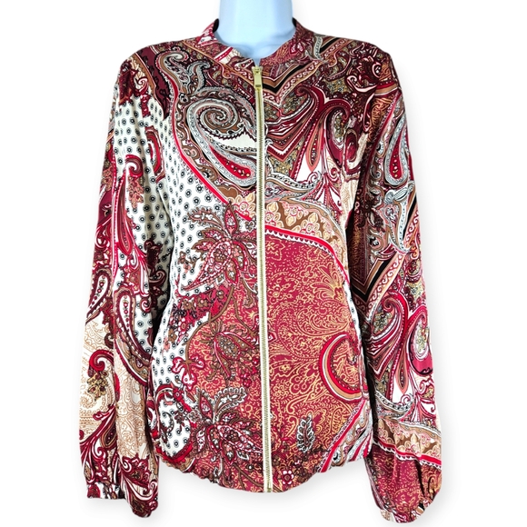 NWOT Chicos red pink white brown paisley bomber jacket Womens Medium - Picture 5 of 8